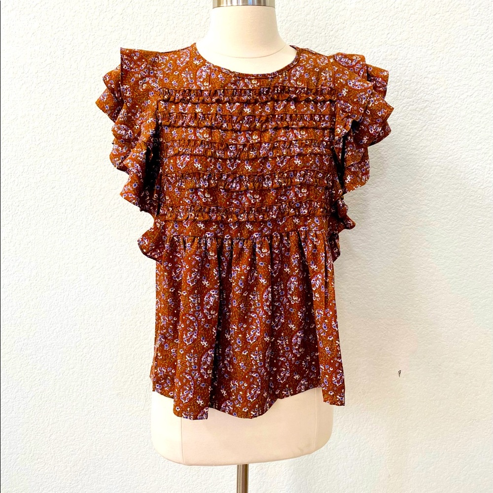 Ruffle top floral blouse in plum/rust